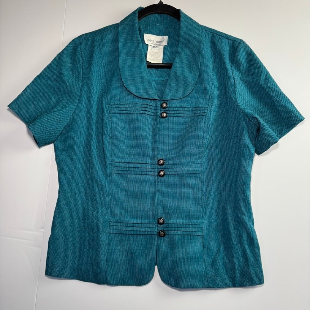 Miss Dorby Petite Teal Blue Houndstooth Short Sleeve Blazer Top Size 10P